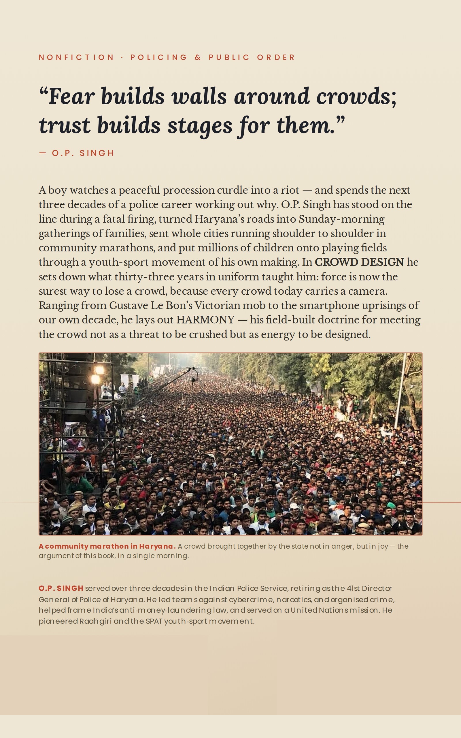 When the Crowd Holds the Camera — back cover. ‘Fear builds walls around crowds; trust builds stages for them.’ A community marathon in Haryana — a crowd brought together by the state not in anger, but in joy.
